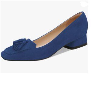 YDN Dark Blue Block Low Heel Loafer Square Toe Tassel Fringe Pump Slip On Shoes